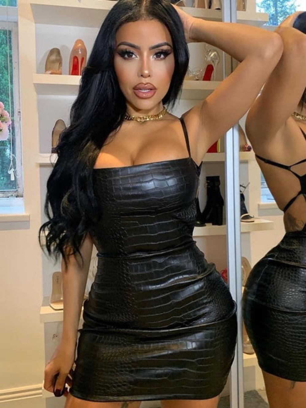 Fashion Nova Black Croc-Texture Mini Dress